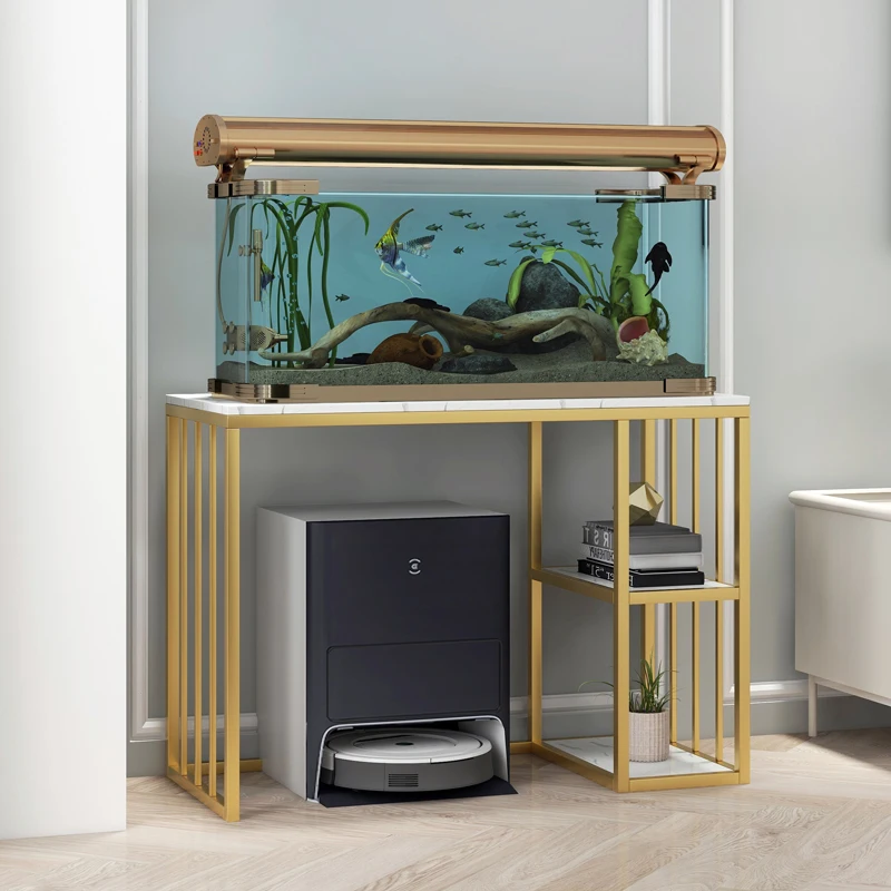 Light luxury multi-layer fish tank rack, floor rack wrought iron marble bottom cabinet living room sofa side dining side cabinet