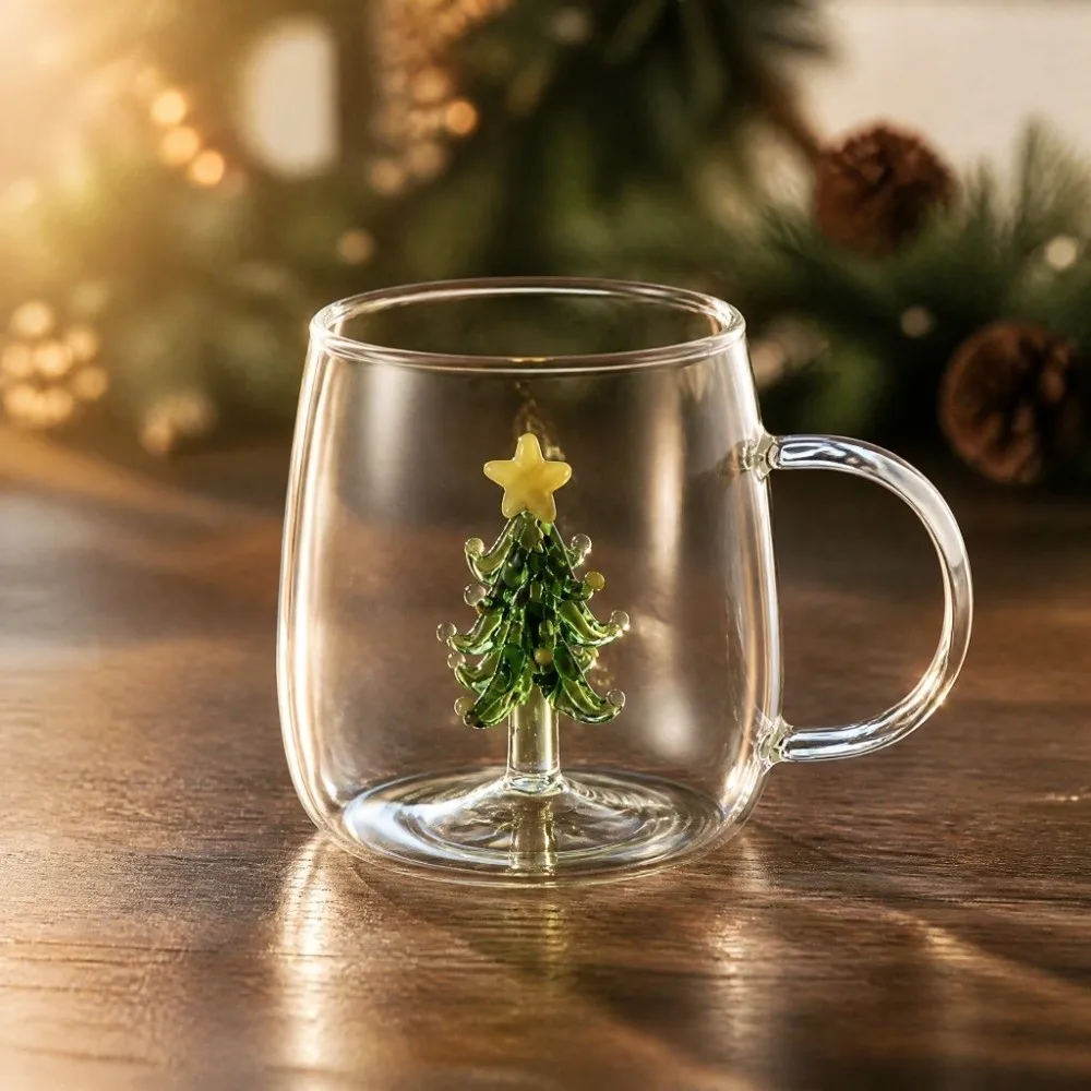Heat-Resistant Christmas Tree Cups Single-layer Cartoon Transparent Glass Cups Large-caliber Comfortable Grip Clear Coffee Cups