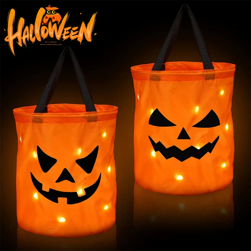 10PCS High Quality LED Halloween Candy Basket Trick or Treat Pumpkin Candy Bags Halloween Holder Gift Basket with LED Light