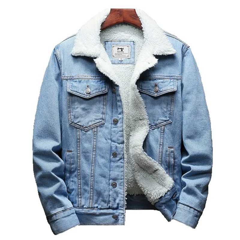 Plus Size 6XL Winter Jean Jackets Men Warm Denim Coats Fashion Cowboy Outerwear Men Liner Thicker Fleece Denim Jacket Black Blue