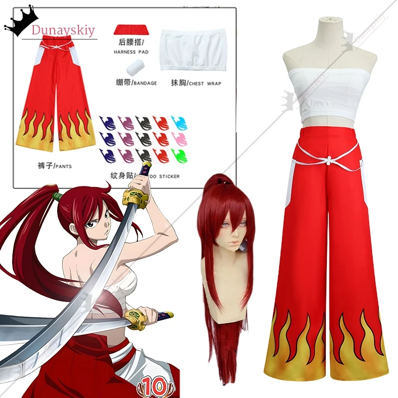 Anime Fairy Tail Erza Scarlet Cosplay Costume Red Wig Chest Wrap Bandage Uniform Tattoo Sticker Anime Party Woman Girls