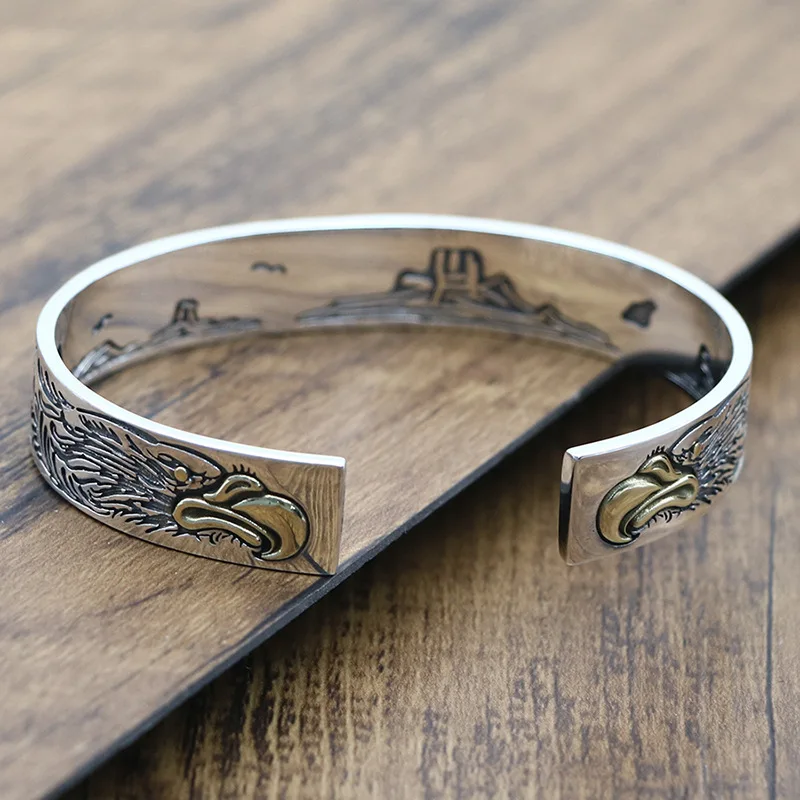 Trendy all-match Flying Eagle open-ended bracelet 925 sterling silver ornament rose personality men and women fashion bracelet