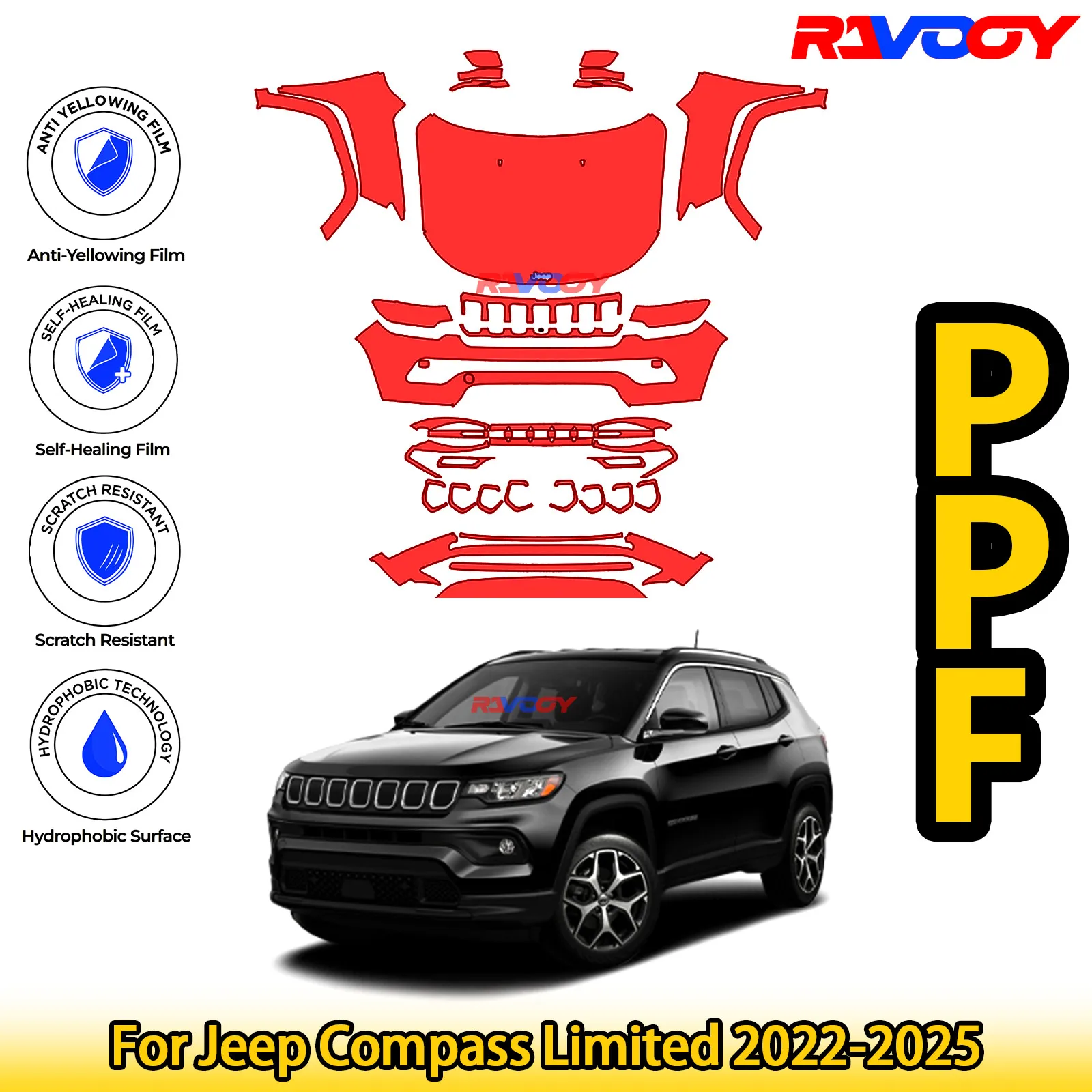 

Для Jeep Compass Limited 2022-2025 глянцевая матовая черная предварительно вырезанная передняя защитная пленка PPF Kit