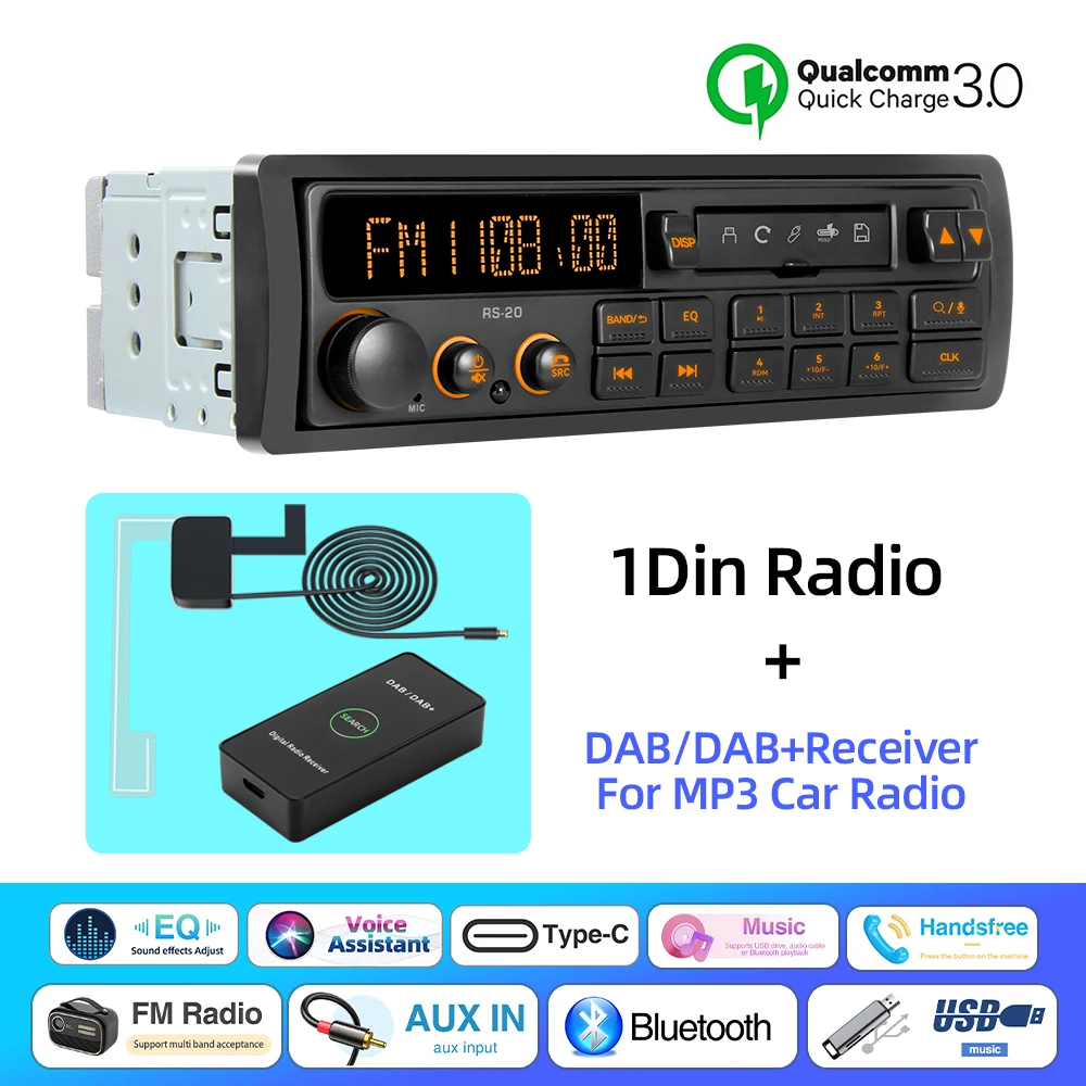 Retro MP3 Autoradio Speler 1 DIN Stereo EQ FM AM RDS DAB Ontvanger QC3.0 Bluetooth USB AUX Ingang Voor VW Porsche Mercedes Benz BMW