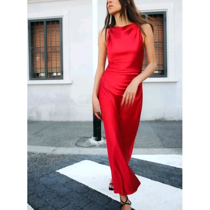 ชุดราตรีสีแดง Ele แบบเสื้อกั๊กยาว ผ้าไหมซาติน ความยาวปานกลาง ดีไซน์ใหม่สำหรับฤดูใบไม้ผลิ แฟชั่นผู้หญิง Ele ทรงเข้ารูปเอว ดีไซน์สวย