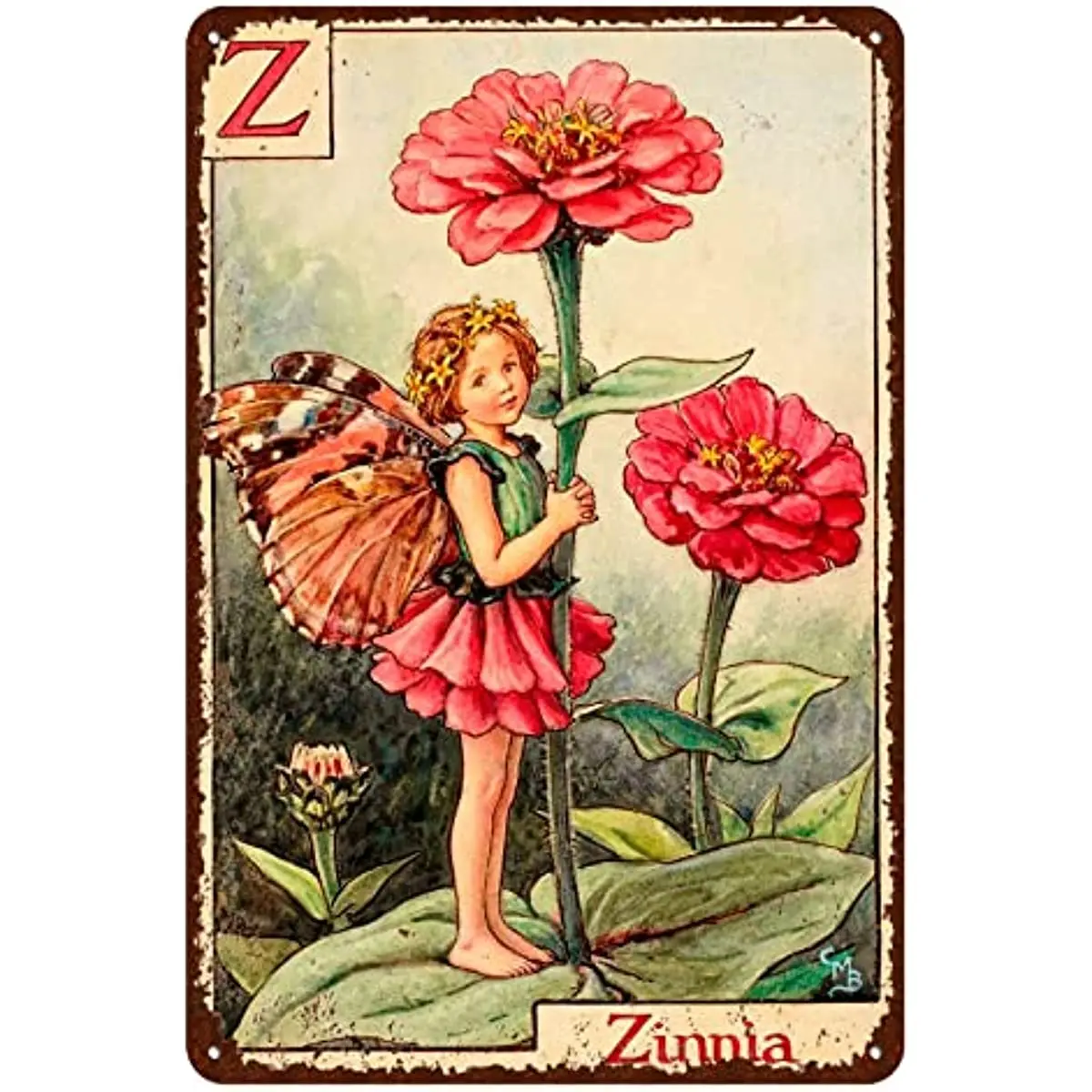 Flower Fairy Signs Vintage Garden Tin Signs Zinnia - Letter Z Wall Decor Metal Signs - Retro Fairy Garden Decor metal sign