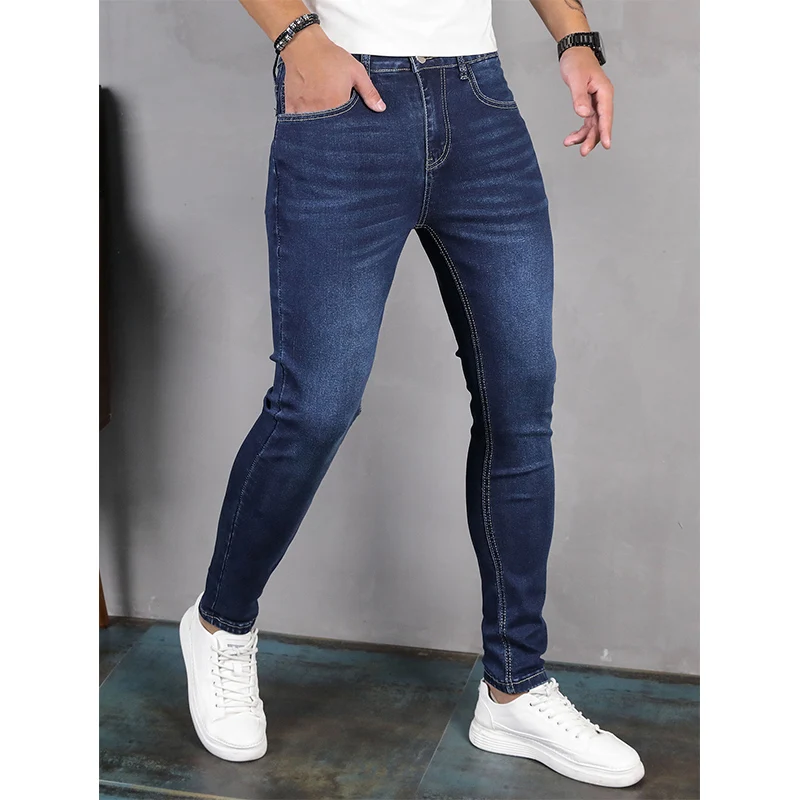 Jeans for Men Skinny Washed Solid Colour Stretch Pencil Pants Fashion Streetwear Slim Fit Denim Jeans Jogging Trousers Blue