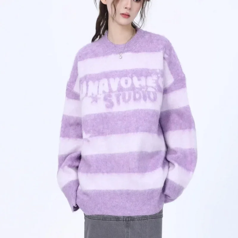 

Pullovers Women Furry Striped Casual Unisex All-match Ins Lazy Style Knitted Loose Fit Korean Fashion Daily Autumn Winter Mujer