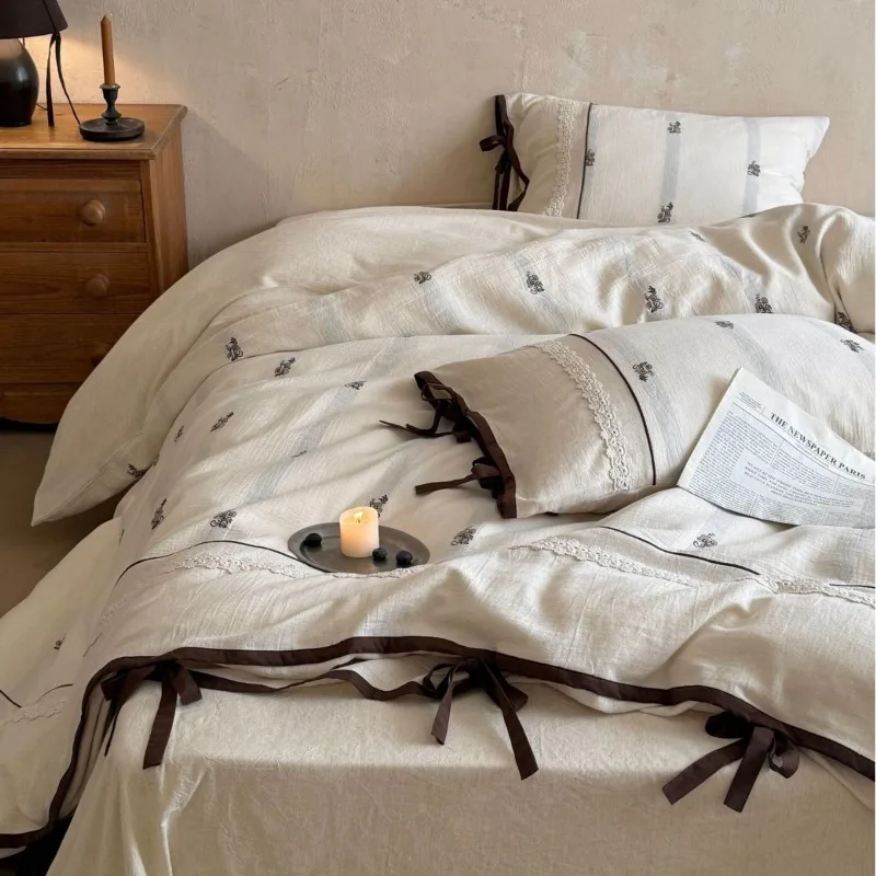 Retro Style Cotton Double-layer Yarn Skin-friendly Four-piece Set Yarn-dyed Quilt Cover Bed Sheet Pillowcase Machine Washable