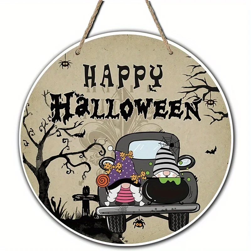2D Flat - Decorative Sign And Plague, 2D Flat Wooden Decorative Board, 1pc, Retro Style Round Halloween Wooden Sign, Happy Hallo