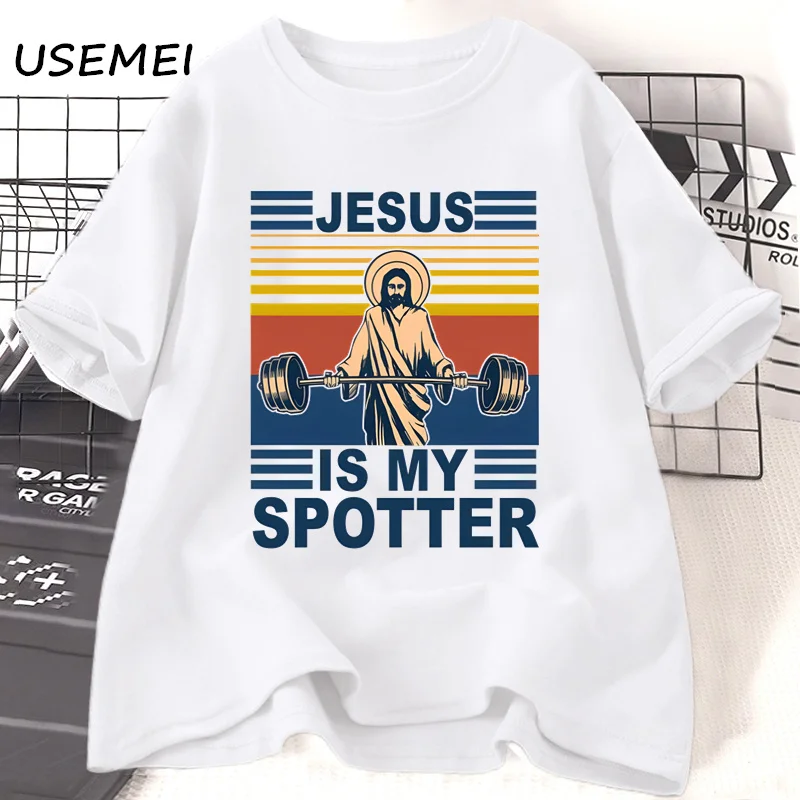 Fitness Jesus Is My Spotter T-shirt Men Casual Vintage Religious Faith Gym T Shirt Christian Funny Faith Tshirt Cotton Clothes