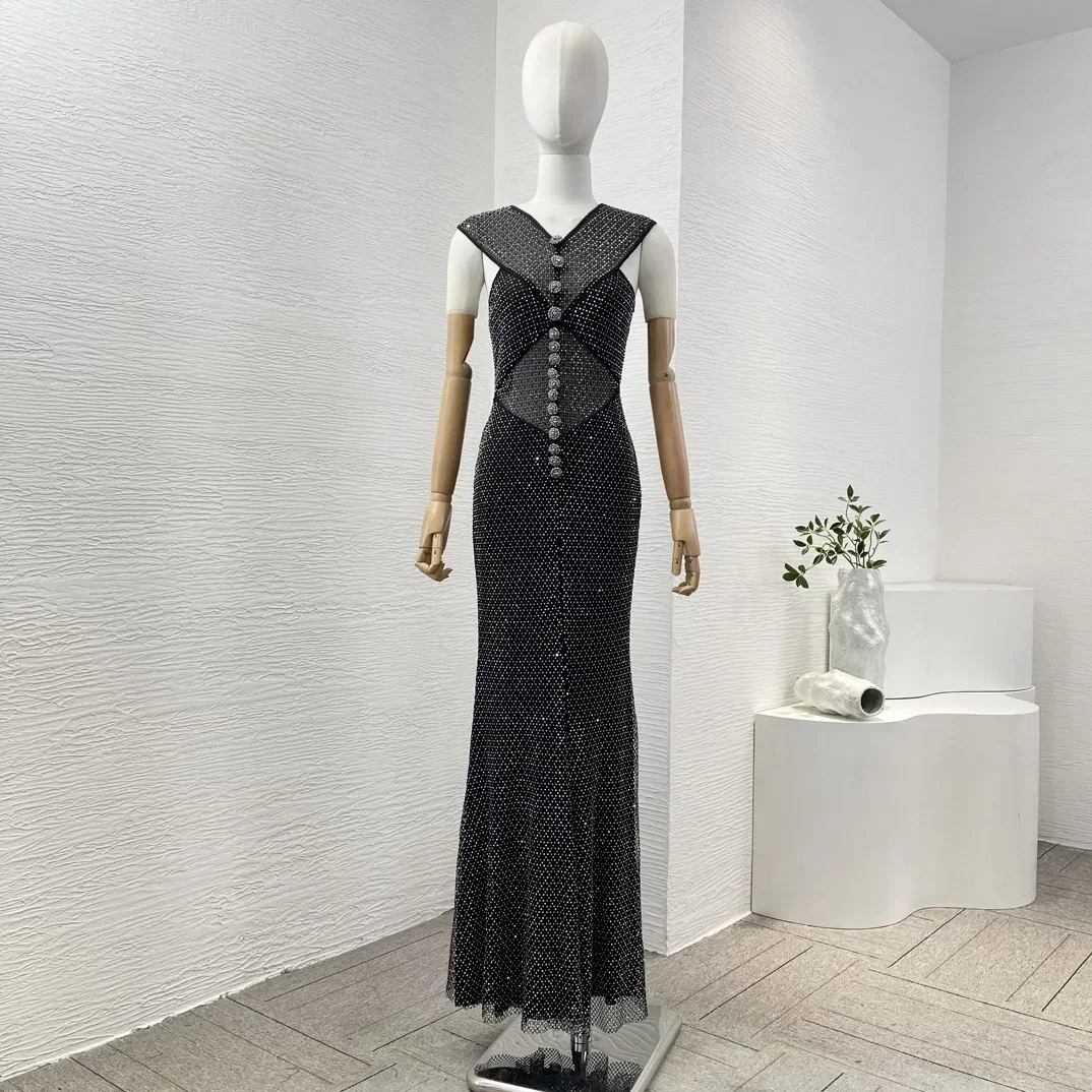 Black New 2024 Women Luxury Diamonds Mesh Symmetrical Split Cutout Design Trumpet Mermaid Maxi High Quality Dress for Party