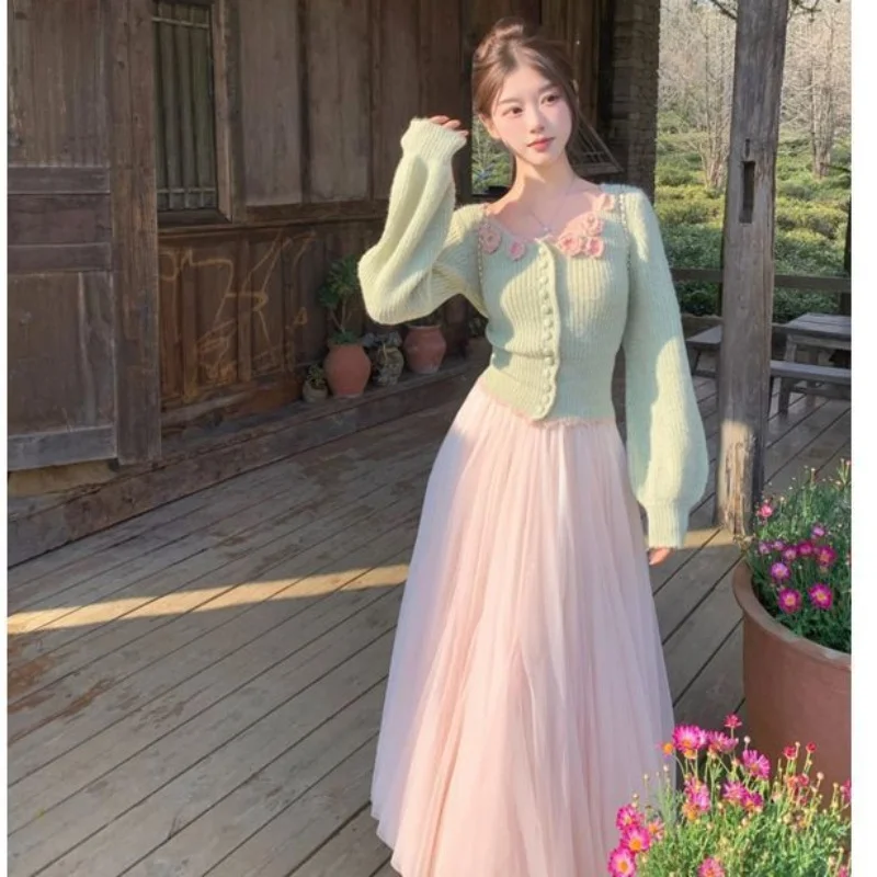 

Женский весенне-осенний милый свитер с цветочным принтом, сетчатые юбки из двух предметов, женские изящные вязаные топы, розовая юбка, наряды 2025, новый костюм одежды