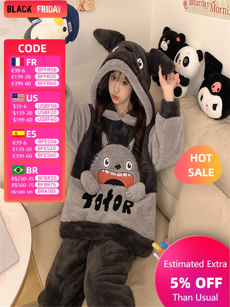 

Women Winter Pajama Sets Girl Long Sleeve Thick Flannel Coral Sleepwear Female Velvet Cartoon Suits Pyjamas Two pieces Homewear