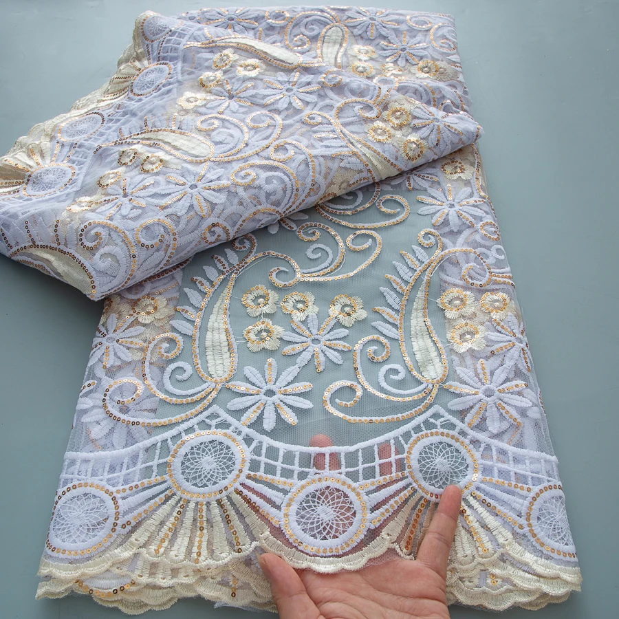 Tessuto di pizzo netto francese nigeriano 2025 di alta qualità 5 metri paillettes africane tulle di seta di latte pizzo per le donne abito da ballo di nozze