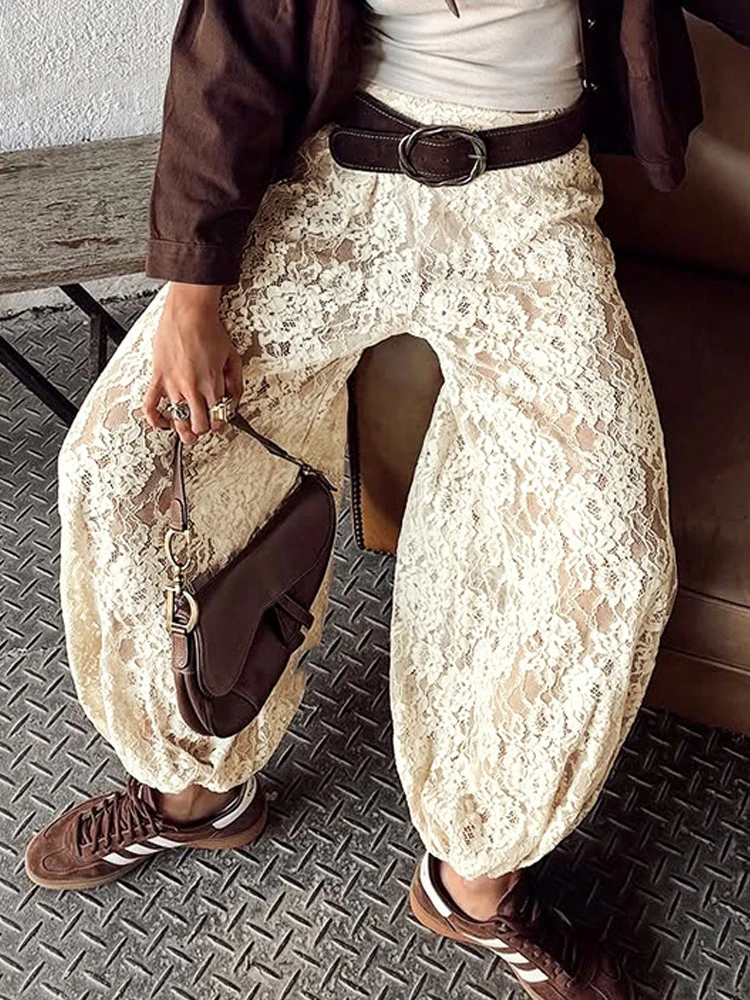 

Летние женские повседневные прозрачные брюки для вечеринок, сексуальные кружевные вышитые однотонные длинные брюки, весенние модные брюки с высокой талией для офиса