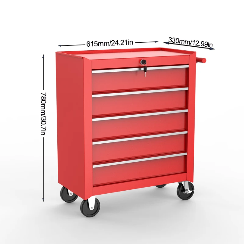 Carro de caja de herramientas rojo con cerradura, gabinete mental con rodillo de 5 cajones, carrito de jardín para garaje, 