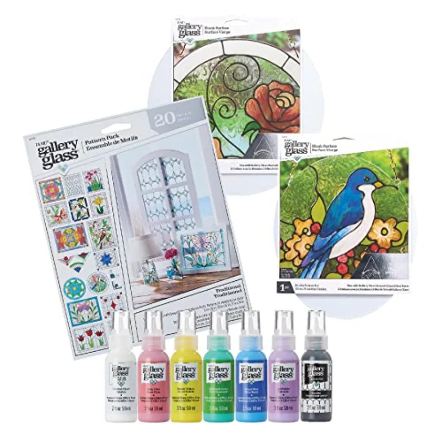 

PROMOGGSTR22 Stained Glass Painting Starter Kit, 10 Piece Set Including 6 Colors, 1 Bottle of Liquid Leading, 2 Plastic Surface