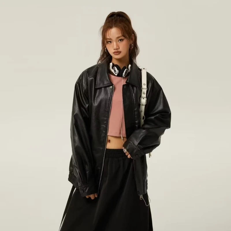 Jacket Women Pu-leather American Retro Loose Chic Long Sleeves All-match High Street Harajuku Autumn Simple Schoolgirls Fashion