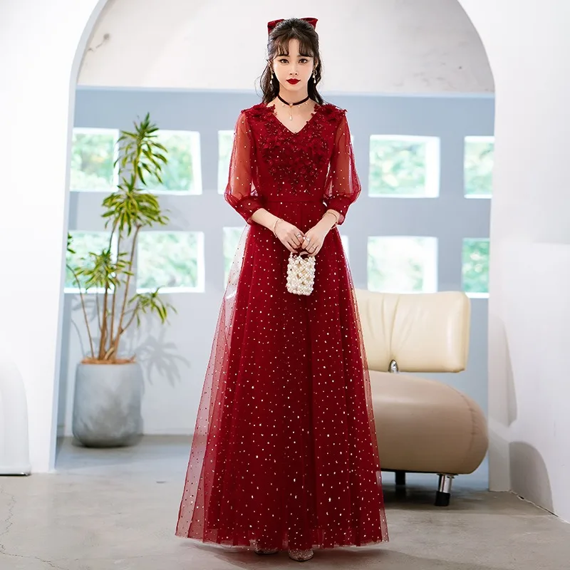

202 Women's New Elegant Wine Red Long Sleeve Toast Dress, Bridal Evening Dress, Fashionable Slimming Mesh Long Banquet Dress