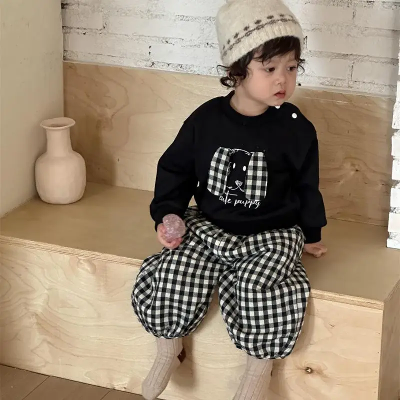 

2025 Autumn New Baby Long Sleeve Clothes Set Infant Boys Cute Cartoon Sweatshirt + Plaid Pants 2pcs Suit Toddler Casual Outfits