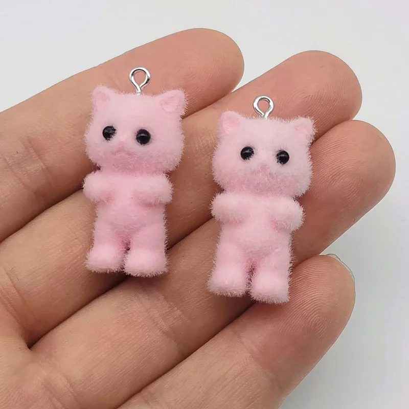 2pcs Cute 3D Fluffy Flocking Resin Cat Charms
