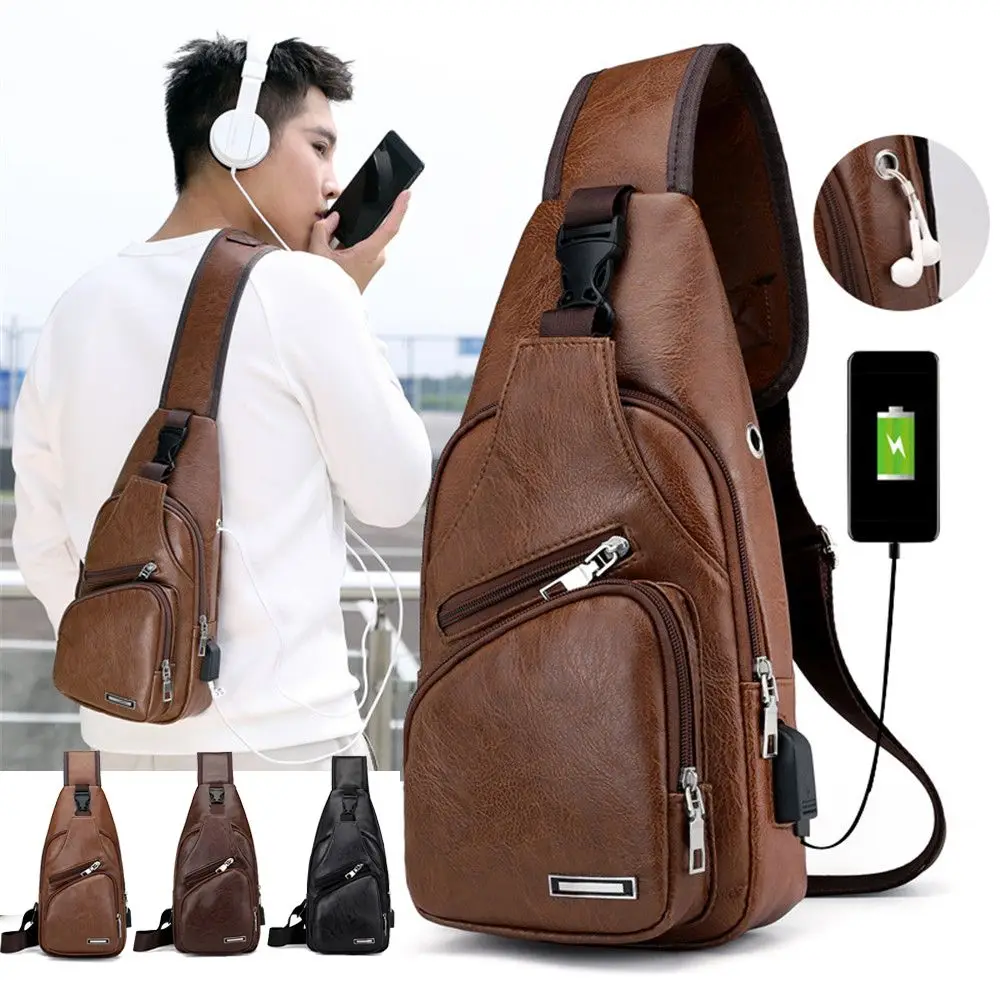 Mens Crossbody Sports Handbag Shoulder Bag USB Charging Chest Pack Anti Theft