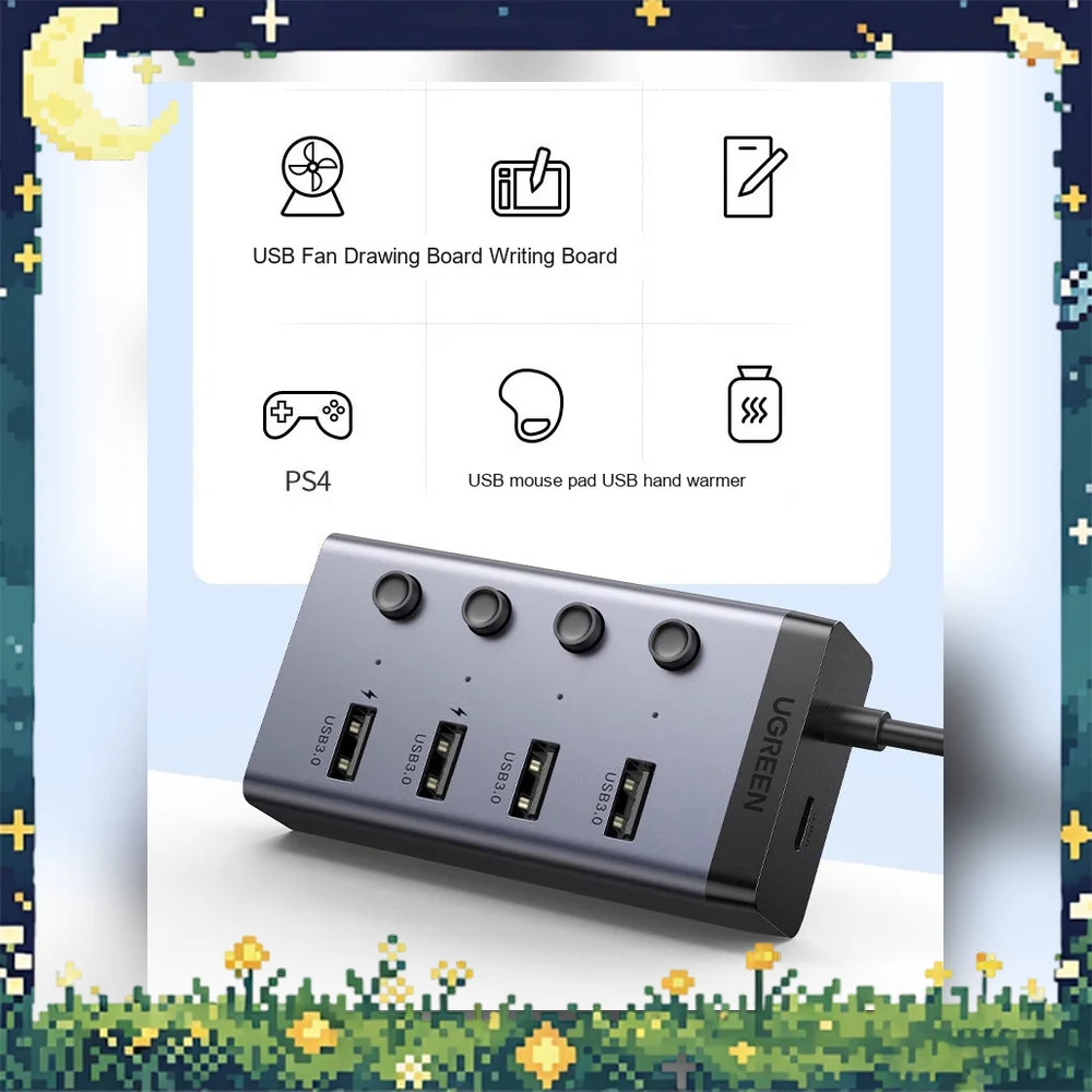 UGREEN 90874 CM613 USB 3.0 Hub 4 Port with Individual Control Switches High Speed USB Splitter for Laptop PC