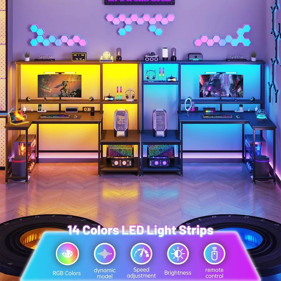 مكتب ألعاب على شكل 55 لترًا مع مصابيح LED مدمجة ومنافذ كهربائية مدمجة بتصميم زاوية قابلة للعكس تتميز بقابل للتعديل