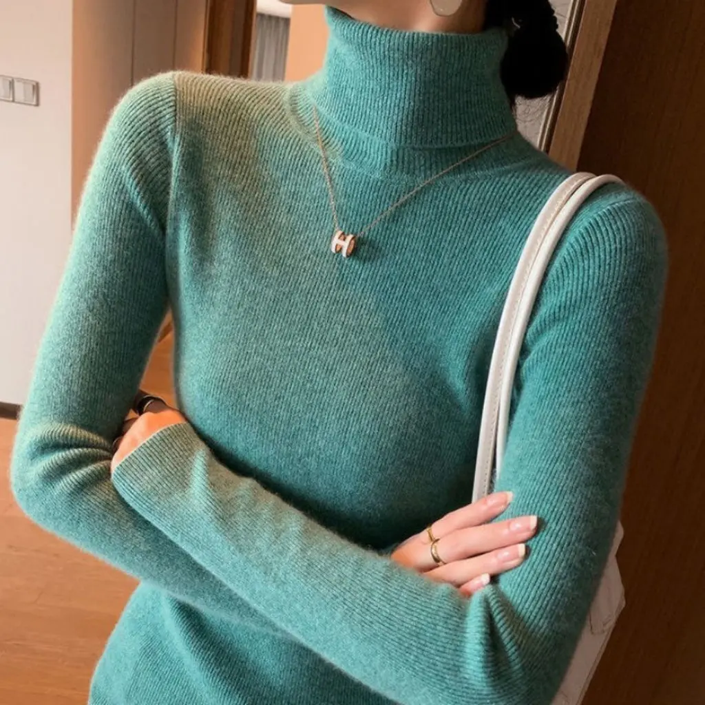 Women's High-Neck Long-Sleeve Knit Top Korean Style Slim-Fit Solid Color Base Shirt for Autumn New Inner Sweater
