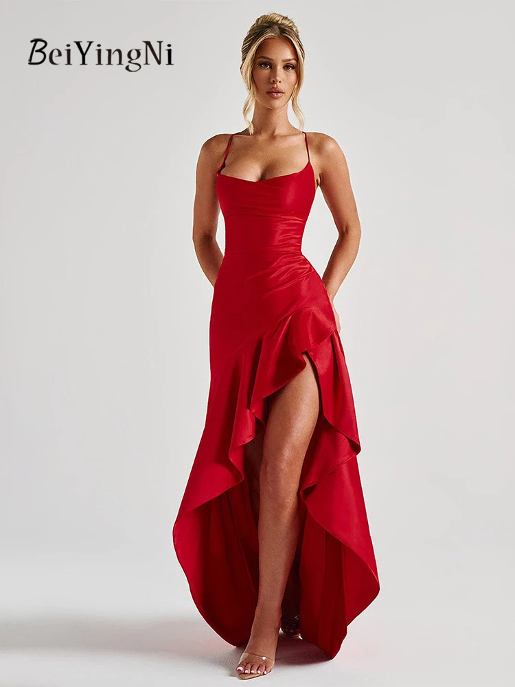 Beiyingni Elegant Satin Long Party Dresses Women Ruffles High Split Slim Luxury Satin Suspender Dress Lady New Chic Sexy Dress