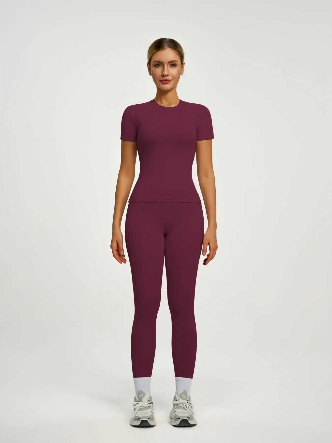 Women's Short Sleeve Sporty Set, High Waist Yoga Pants & T-Shirt Combo, Ideal for Fitness Gym Sculpting Workout image 4