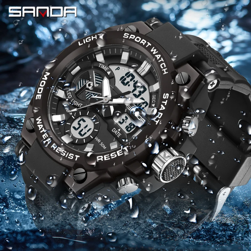 SANDA G‑Style Men Sports Watch, 50M Waterproof Dual‑Display Quartz Wristwatch, Shock‑Resistant LED Alarm Clock