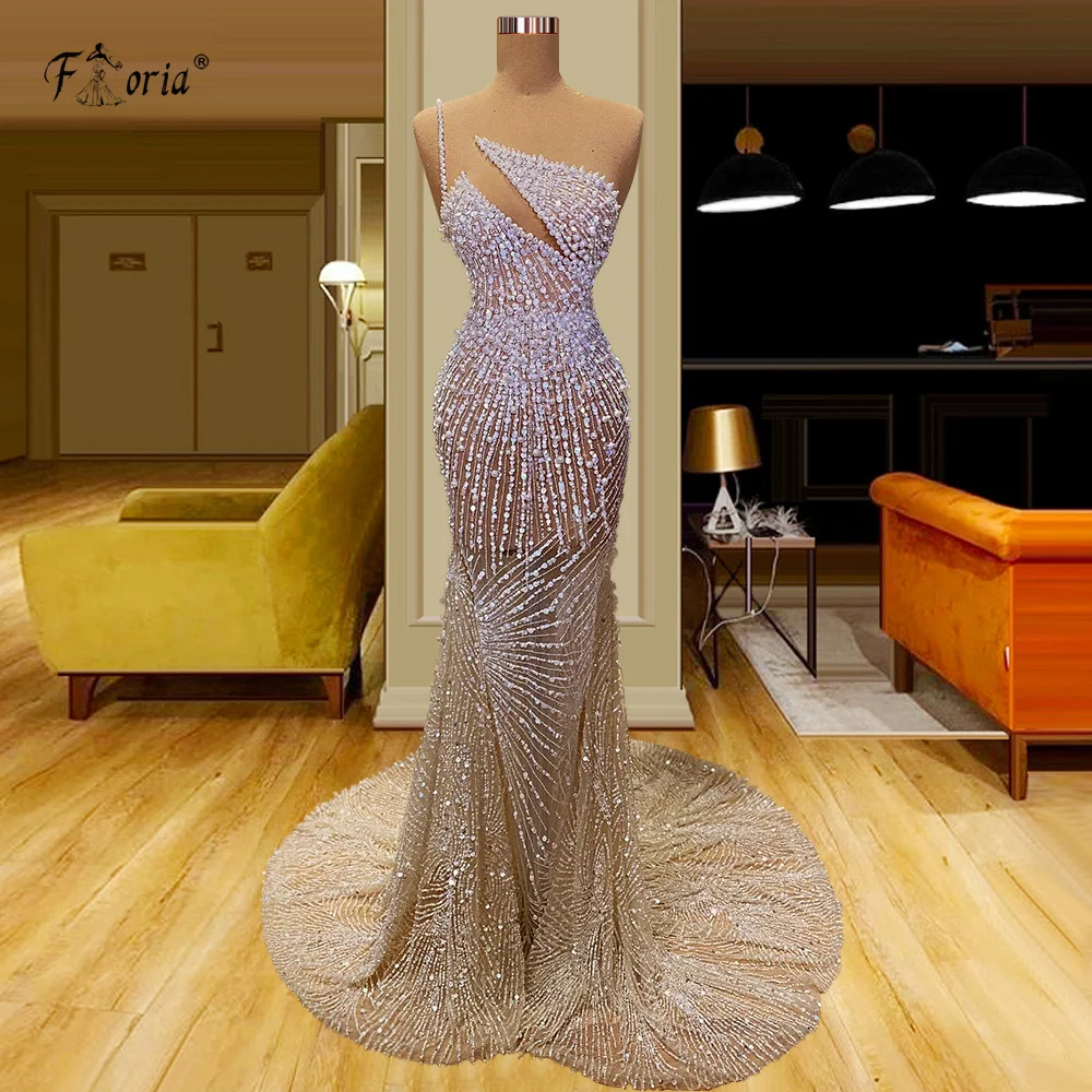 

Elegant Full Pearls Beaded Evening Dresses Sparkly Sequin Illusion Dubai Prom Dress Formal Pageant Gown Robe de mariée