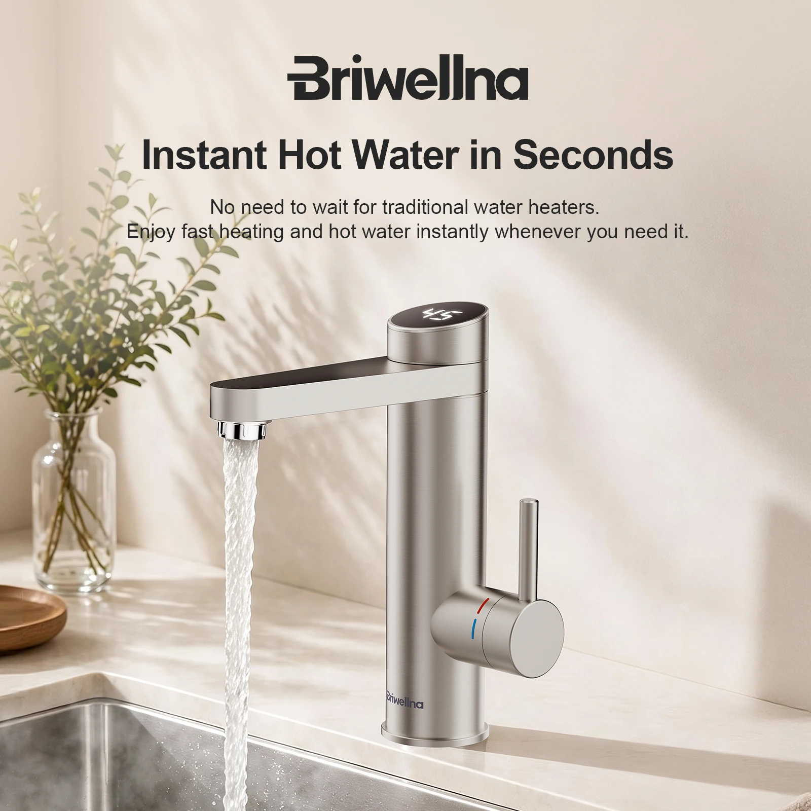 Briwellna Electric Water Heater Tap 220V Bathroom Faucet 120° Rotation Silver Tankless Water Heater Tap Stainless Steel Faucet