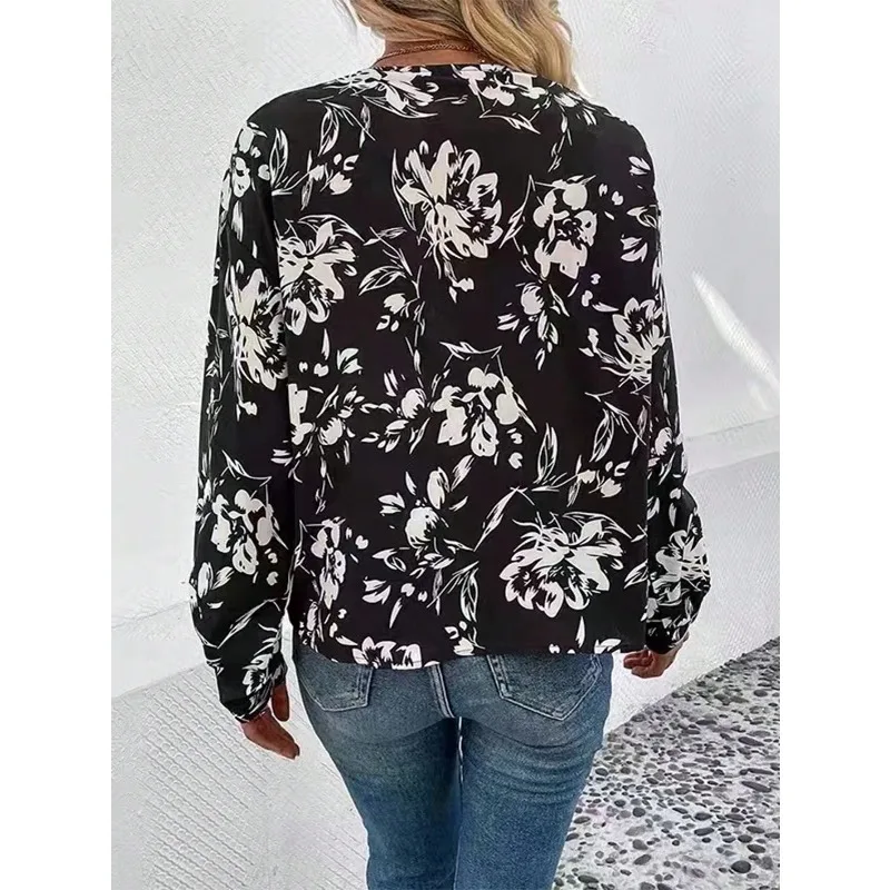 Plus size verão camisa de impressão feminina manga longa moda com decote em v elegante blusas femininas topos