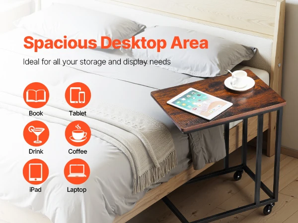 VEVOR C Table C Shaped Sofa Side Table with Metal Frame Rolling Casters Portable C Shaped End Stand for Living Room Office
