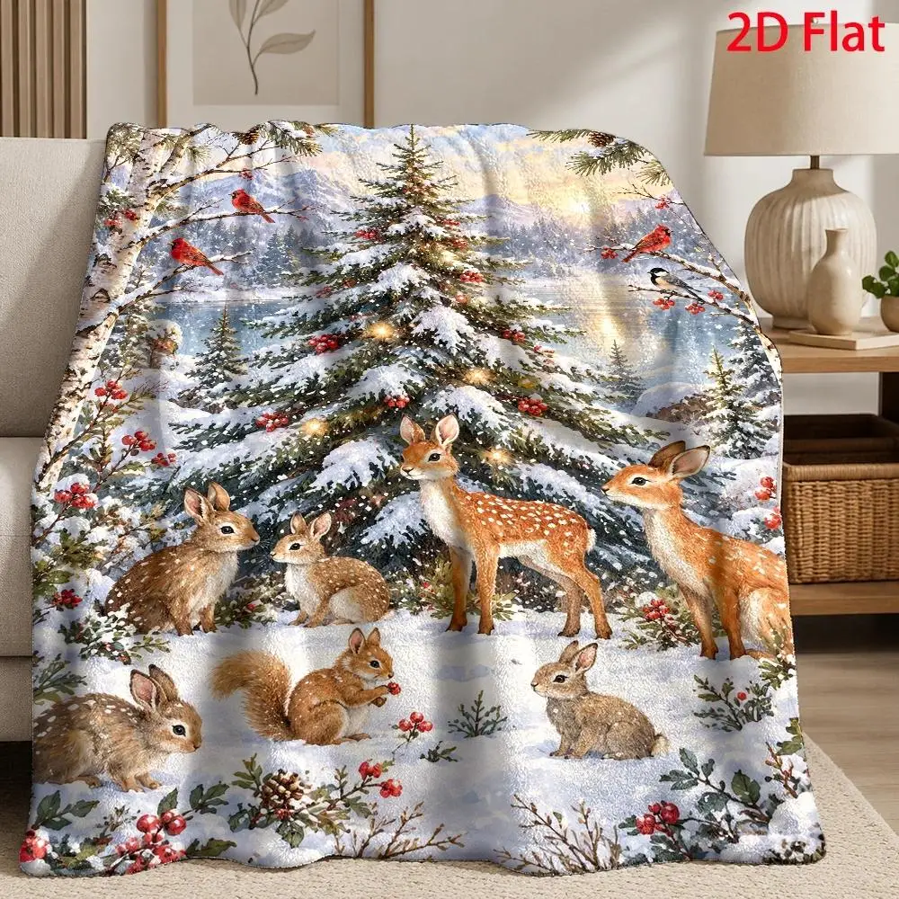 1pc 2D Flat DIY Coloring Throw Blanket, Snowy Christmas Tree Winter Forest Line Art, Oil Painting Deer Rabbit with Red Berries