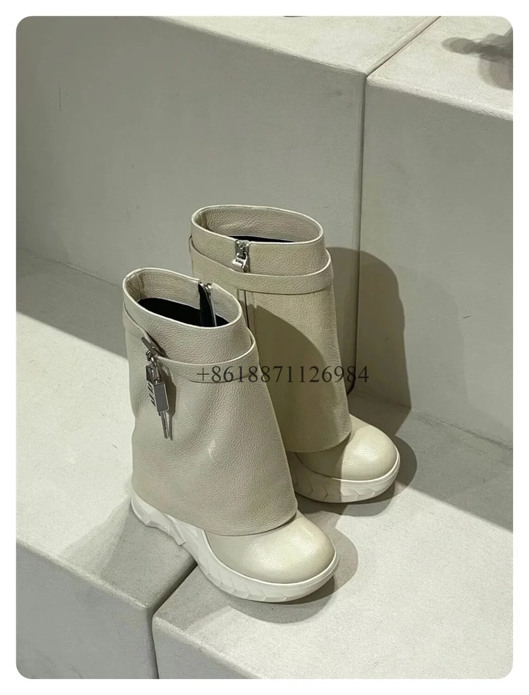 Genuine Leather Soild Round Toe Mid-Calf Platform Women Boots With Metal Lock Thick Bottom Heel Slip On Design Large Size Shoes