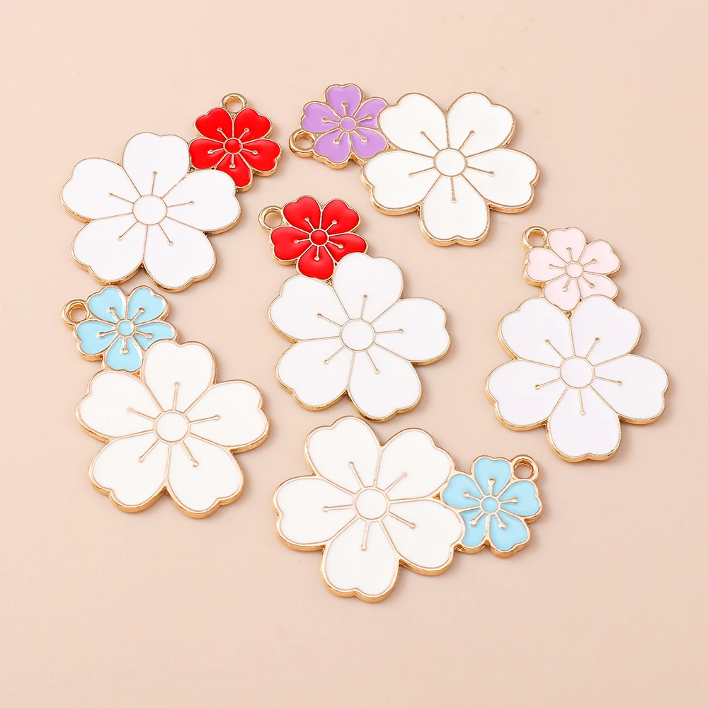 Leslie 10Pcs 24*34mm Enamel Sakura Flower Charms for Jewelry Making Earrings Necklace Pendants Key Chains Accessories