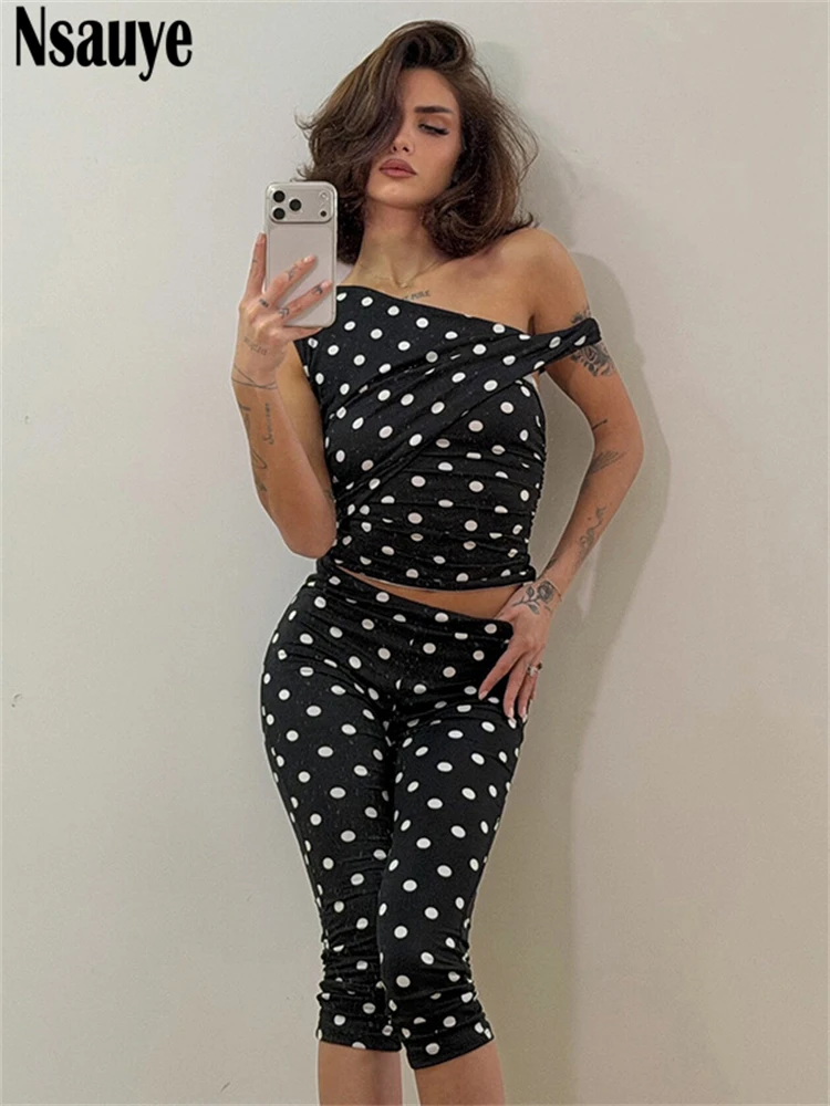 

Nsauye One Shoulder Sexy Fashion Women Casual Tracksuit Polka Dot Y2K Vest Tops Skinny Summer High Waist Pants 2 Piece Set 2026