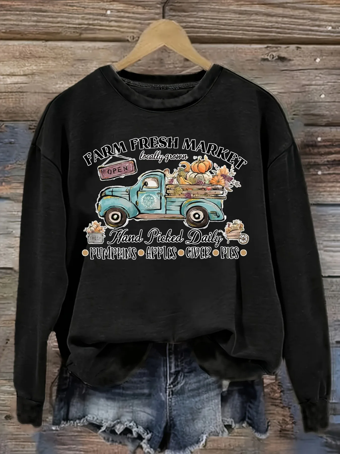 Women's Casual Long Sleeve Crew Neck T-Shirt Farm Fresh Market Truck Design Design, Round Neck Women's Clothing, Machine Washable, Slightly Elastic, Loose Fit, Spring Autumn Winter Women's T-Shirt, Halloween Costume Outfit