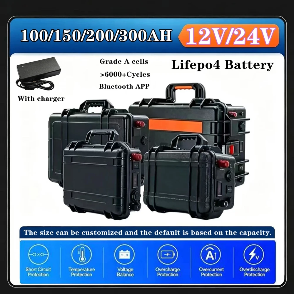 Battery 12V 24V 100Ah 150AH 200AH 300Ah 400Ah Lifepo4 Lithium Iron Phosphate Battery Pack Bluetooth BMS for Boat Solar System