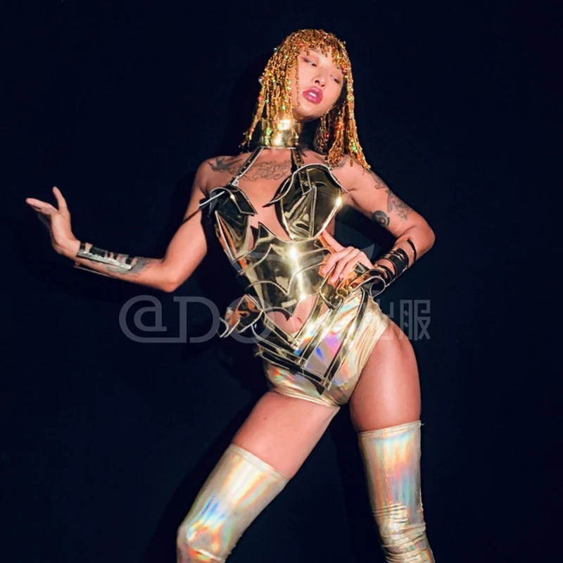 Drag Queen Outfits Women Stage Costume Golden Armor Futuristic Performance Suit Nightclub Gogo Dance Wear Party Rave Outfit 4260
