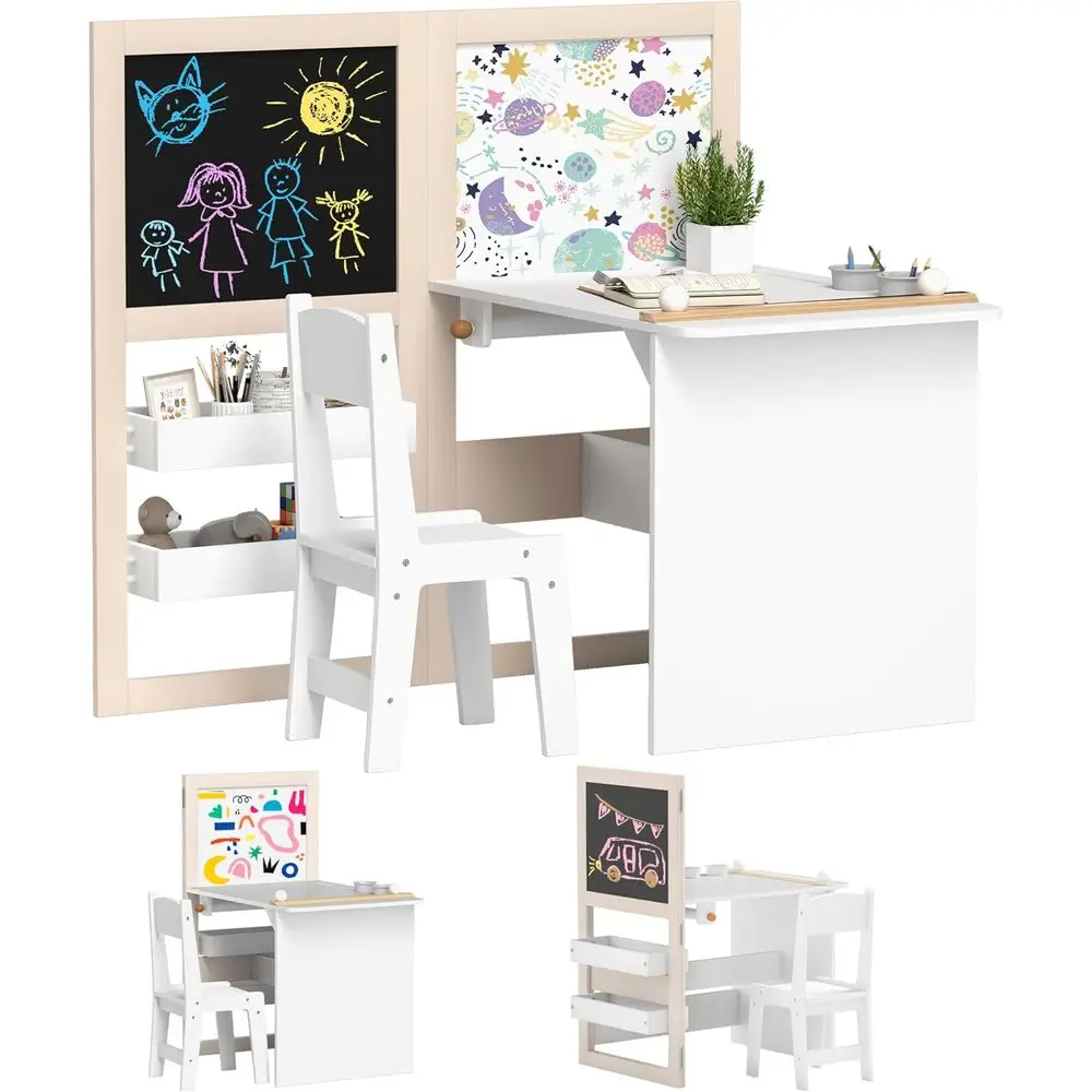 

3 in 1 Art Table and Chair with Storage Shelves, Foldable Blackboard, Whiteboard & Roll Paper, Toddler Table and Chair Set for 3