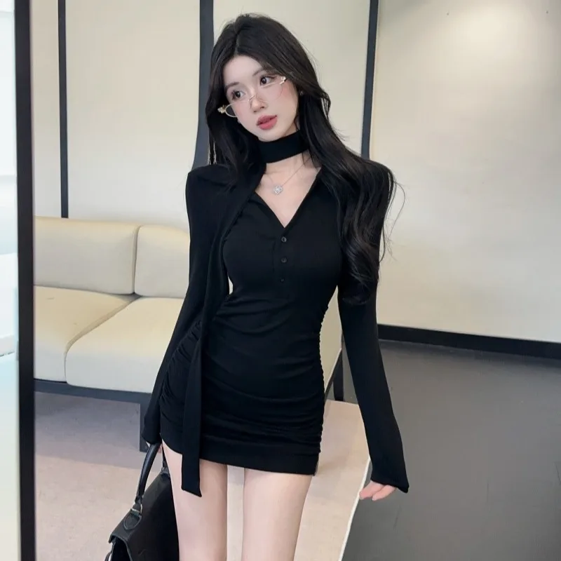 퓨어 디자이어 섹시 브이넥 플리츠 디자인 허리 조임 스커트 드레스 하이웨이스트 플로잉 출퇴근룩 한국 스타일