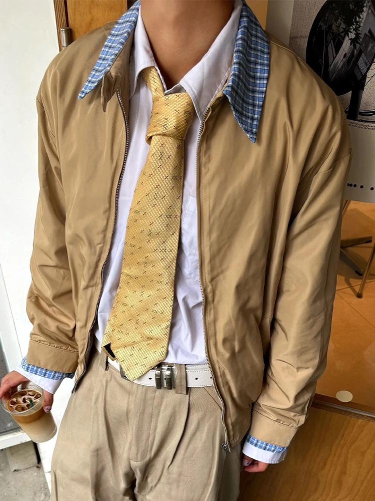 

Khaki Harrington Jaet Men's ort Sle Plaid Splicing Barn Sle Outerwear Breathable Stand Fit Long Sve Zipper Closure