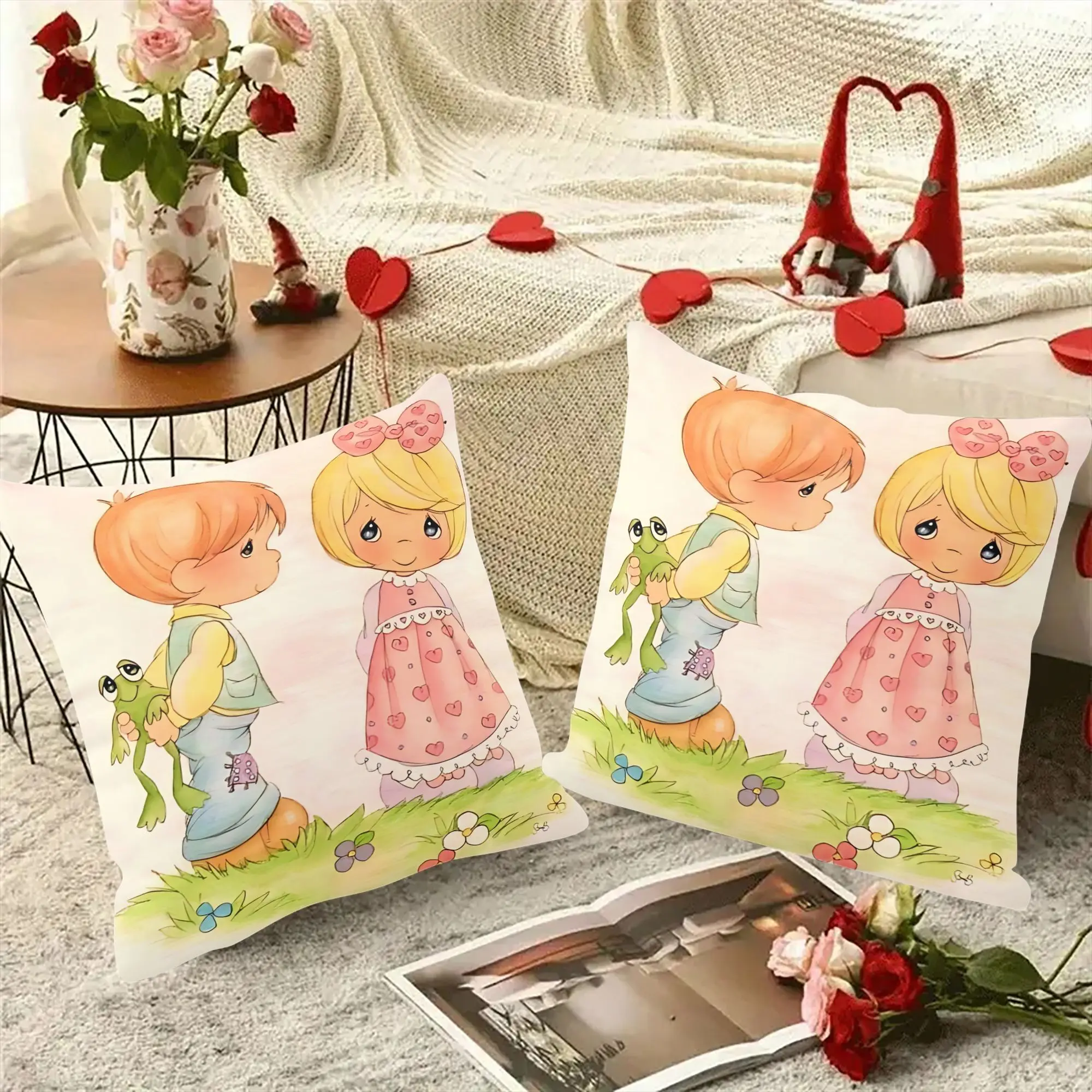 2Pcs Precious Moments Cartoon Pillowcase Set, Zippered Machine Washable Cushion Cover for Sofa Bed Patio Outdoor Home Decor