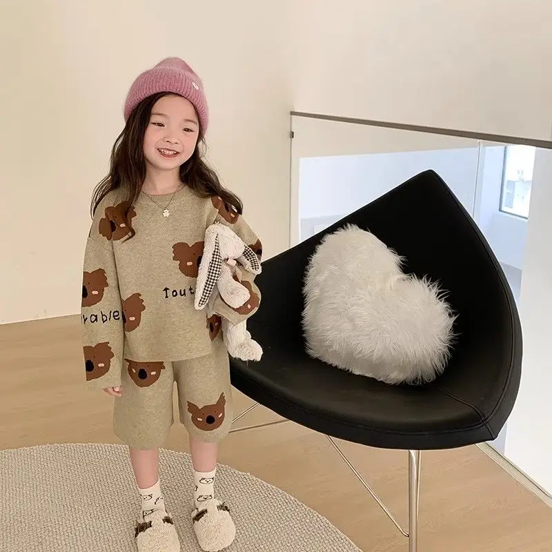 

Fashion Girls Spring Autumn Winter Suit New Baby Soft Cartoon Knitted Sweater + Shorts Kids Clothes Baby Pants 2Pcs Set 2-8 Yrs