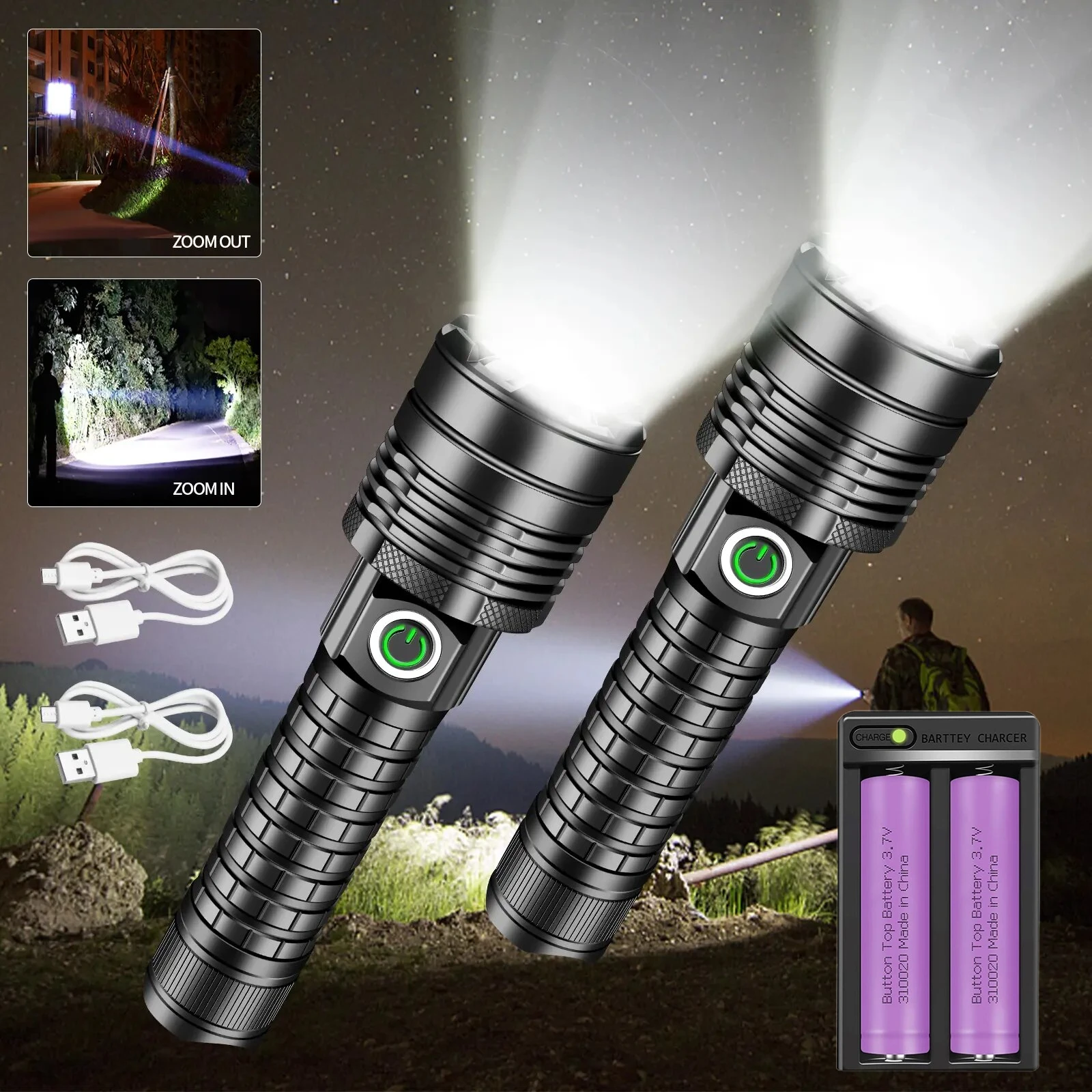 

Skyewolfeye 2pc LED Tactical Flashlight Super Bright 3 Working Modes Waterproof Torch with 2 Slot Battery Charger for Camping